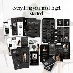 May include: A collection of marketing materials, including business cards, flyers, and phone mockups, in black and white. The text "everything you need to get started" is at the top. The materials feature a woman in a blazer.