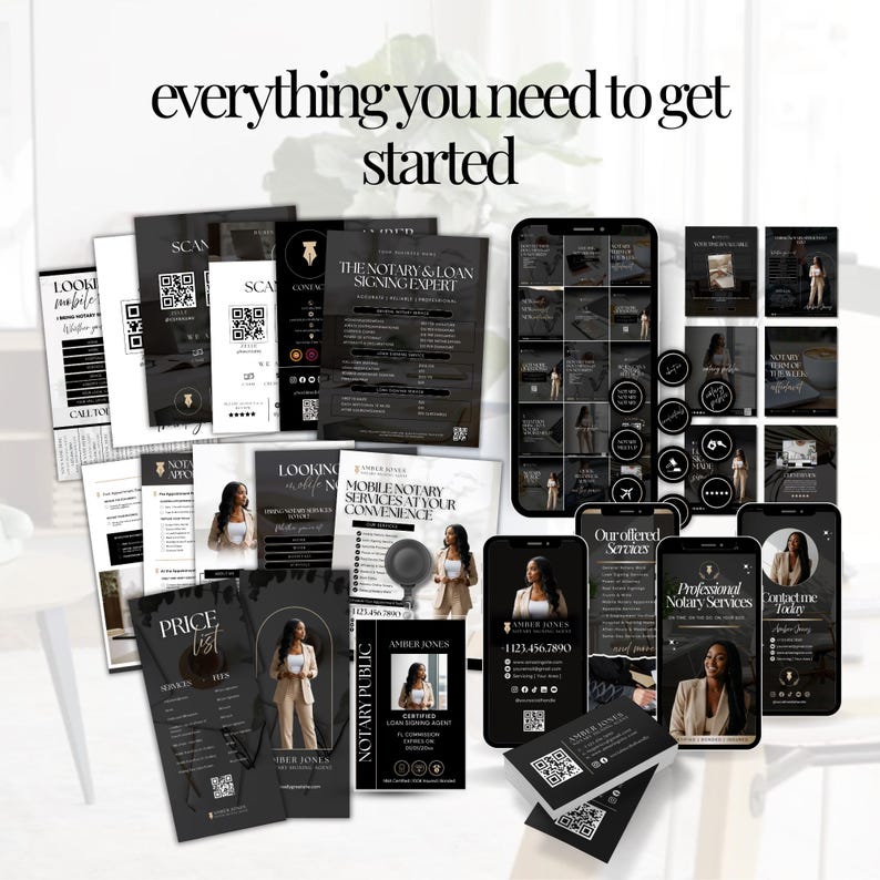 May include: A collection of marketing materials, including business cards, flyers, and phone mockups, in black and white. The text "everything you need to get started" is at the top. The materials feature a woman in a blazer.