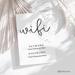 Może przedstawiać: Biała karta z napisem "wifi" napisanym kursywą. Pod napisem znajduje się napis "NETWORK" i "Insert Network Here". Poniżej znajduje się napis "PASSWORD" i "Insert Password Here".