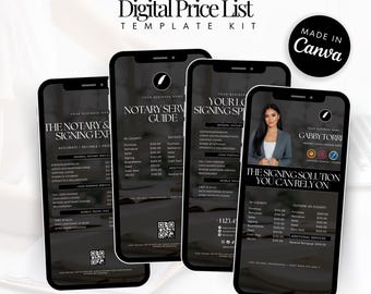 May include: A digital price list template kit featuring four smartphone mockups with price lists for notary services. The design includes the text "Digital Price List Template Kit" and "Made in Canva."