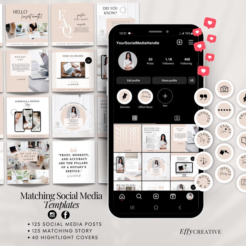 May include: A set of social media templates for a notary public business. The templates feature a pink and white color scheme with a modern design. The templates include posts, stories, and highlight covers. The text on the templates includes "Hello", "Did you know?", "Notary Tip", "Schedule a Signing Today", "My Life as a Notary", "Trust, Honesty, and Accuracy are the Pillars of a Notary's Service", "Find Us Online", "Let's Work Together", "We Go To You", "Notary Signing Agent", "Updates", "Closing Day", "Client Love", "Office Hours", "Price List", "Notary Services", "FAQ", "Services", "New", "Edit Profile", "Share Profile", "YourSocialMediaHandle", "50 Posts", "1.1K Followers", "400 Following", "Matching Social Media Templates", "125 Social Media Posts", "125 Matching Story", "40 Highlight Covers", "Effy Creative".