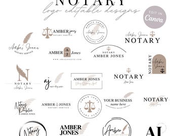 May include: A collection of 14 different logo designs for a notary public. The logos feature a variety of elements, including a feather pen, a scale of justice, and the letters "AJ". The logos are all in black and white with a brown accent colour. The text "NOTARY" appears in several of the logos.