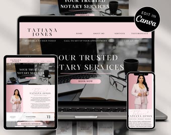 May include: A website template design displayed on a laptop, tablet, and smartphone screen. The layout features a light pink and white color scheme with the text Tatiana Jones, Your Trusted Notary Services, and Book Now buttons visible.