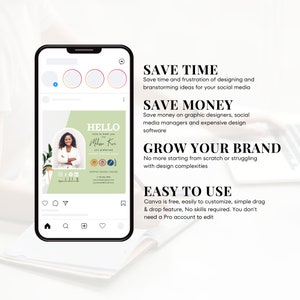 May include: A phone screen displaying a social media post with a green background and a woman's headshot. The post includes the text "HELLO nice to meet you" and "Melissa K" with a tagline "Marketing Branding Expert". The post also includes the text "SAVE TIME", "SAVE MONEY", "GROW YOUR BRAND", and "EASY TO USE".