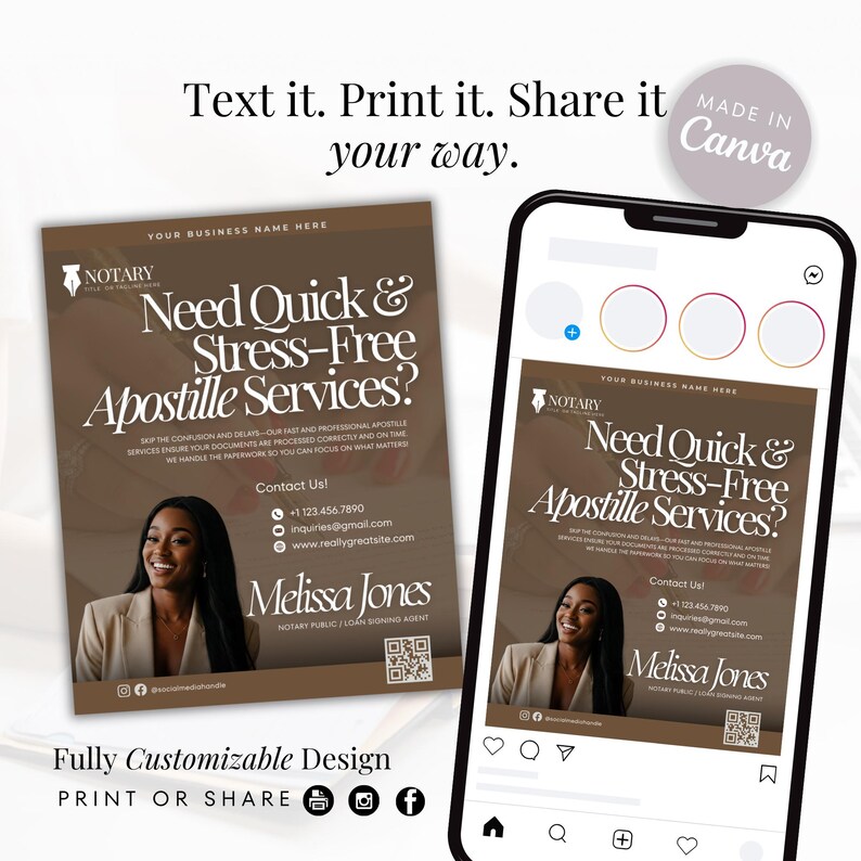 May include: A brown and white social media post with a photo of a woman. The text reads "Need Quick & Stress-Free Apostille Services?" and includes contact information for Melissa Jones, Notary Public/Loan Signing Agent. The post is fully customizable and can be printed or shared.