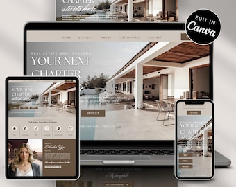 Modelo de site imobiliário | Página de destino para corretores de imóveis no Canva | Download instantâneo e editável | Compatível com dispositivos móveis