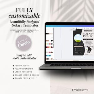 May include: A laptop screen displaying a Canva design template for a notary public business card. The template features a black background with a white circle containing a green landscape and a blue sky. The text "Amber Jones Notary Public" is displayed in white text. The template is customizable with a free Canva account.