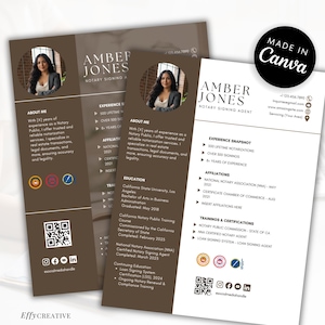 May include: Two business cards with a brown and white design. The cards feature a headshot of a woman, the name "AMBER JONES", and the title "NOTARY SIGNING AGENT". The cards include contact information, experience, and certifications.
