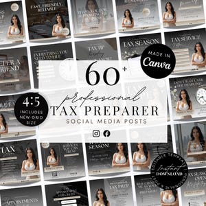 May include: A collection of 60+ professional tax preparer social media posts. The templates include various designs with text such as "Tax Season" and "Instant Download". The posts feature a woman in a white top.