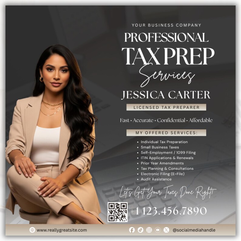 May include: A promotional image for professional tax preparation services. The image features a woman in a tan suit with the text "Professional Tax Prep Services" and the name "Jessica Carter." Services include individual and small business tax preparation.