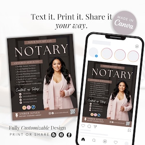 Op de afbeelding: Een zwart-wit grafisch ontwerp voor een notariskaart. De kaart bevat de tekst "YOUR NOTARY CO. NOTARY" in een groot, vet lettertype. De kaart bevat ook een lijst met aangeboden diensten, zoals mobiele notarisdiensten, leningondertekeningsdiensten en onroerendgoeddocumenten. De kaart is ontworpen om volledig aanpasbaar te zijn en kan worden afgedrukt of online gedeeld.