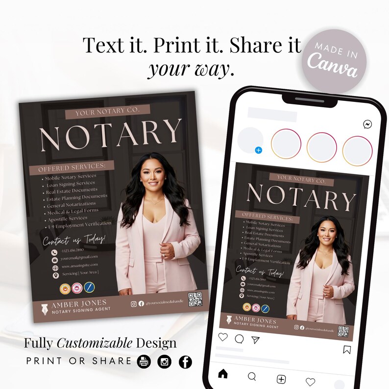 Op de afbeelding: Een zwart-wit grafisch ontwerp voor een notariskaart. De kaart bevat de tekst "YOUR NOTARY CO. NOTARY" in een groot, vet lettertype. De kaart bevat ook een lijst met aangeboden diensten, zoals mobiele notarisdiensten, leningondertekeningsdiensten en onroerendgoeddocumenten. De kaart is ontworpen om volledig aanpasbaar te zijn en kan worden afgedrukt of online gedeeld.