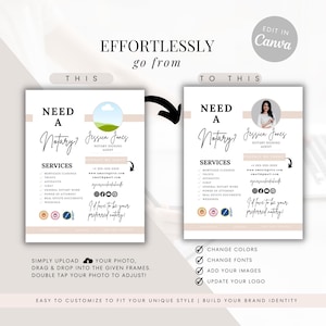 May include: A pink and white business card template for a notary signing agent. The template features a photo placeholder, text boxes for the notary's name, services offered, contact information, and a tagline. The text on the card reads "Need a Notary?" and "I'd love to be your preferred notary!"