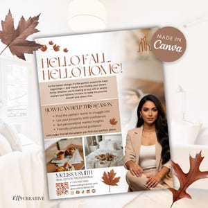 Op de afbeelding: Een vastgoedflyer met de tekst "HELLO FALL, HELLO HOME!". Het bevat een foto van een vrouw en informatie over het kopen, verkopen en verkennen van vastgoedopties. Het bevat ook herfstthema-afbeeldingen.