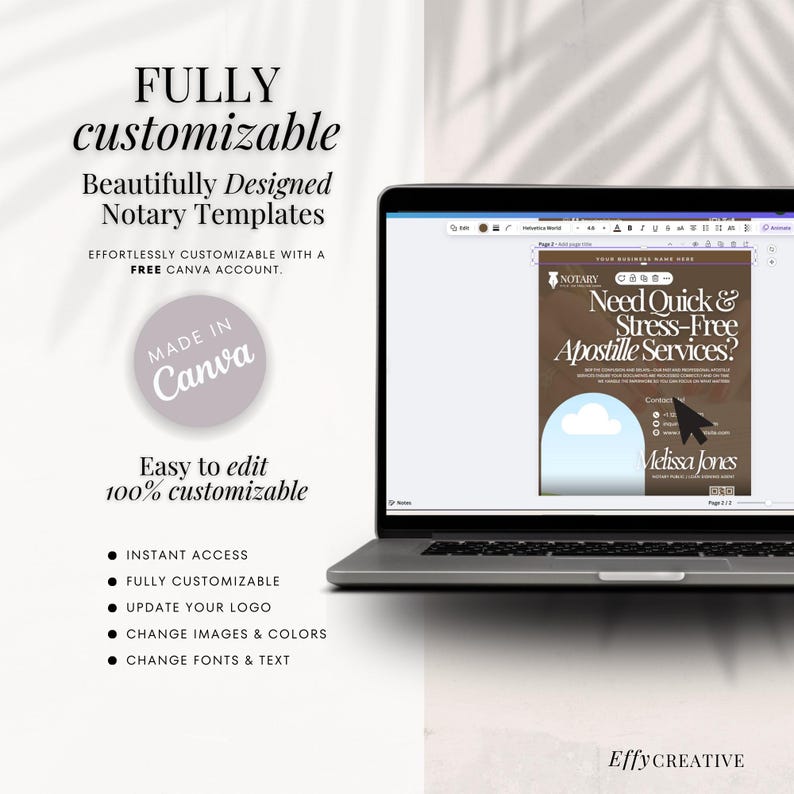 May include: A laptop screen displaying a Canva design template for a notary business card. The template features a cloud graphic and the text "Need Quick & Stress-Free Apostille Services?" with the name "Melissa Jones" at the bottom. The text "FULLY customizable" and "MADE IN Canva" are visible on the left side of the image.