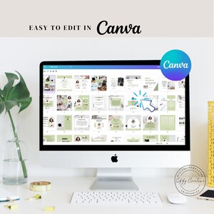 May include: A computer screen displaying a Canva design template with a variety of social media post designs. The designs feature a green and white color scheme with text that says "Hello" and "Eat, Sleep, Sign, Repeat".