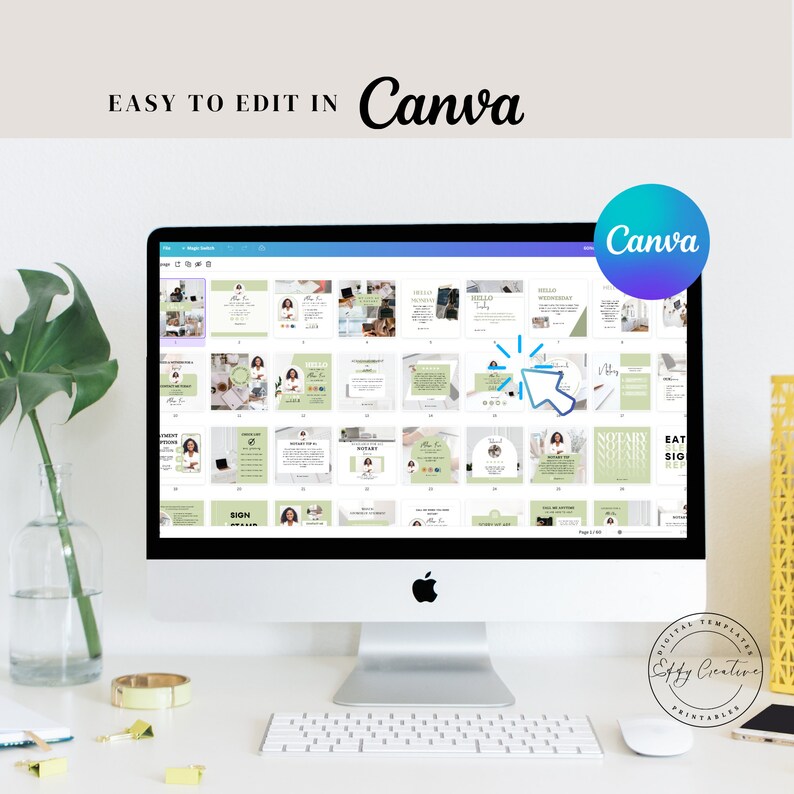 May include: A computer screen displaying a Canva design template with a variety of social media post designs. The designs feature a green and white color scheme with text that says "Hello" and "Eat, Sleep, Sign, Repeat".
