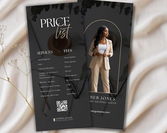 May include: A black vertical price list template for a notary signing agent featuring the text Price List, Services + Fees, and Amber Jones. The design includes a photograph of a professional in a beige blazer and white top, a QR code, and botanical shadows.