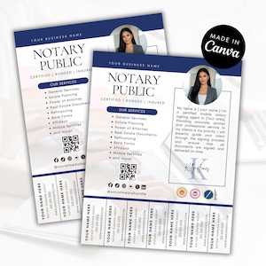 Peut inclure: Deux flyers bleu marine et blancs pour un service de notaire. Les flyers comprennent une photo d'une femme, une liste de services et des coordonnées. Le texte "Made in Canva" est dans un cercle noir.