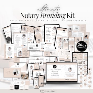 May include: A digital marketing kit for notary public businesses. The kit includes over 200 templates, a website, and branding elements. The image shows a variety of templates, including social media posts, business cards, and website mockups. The templates are designed in a modern, minimalist style with a pink and white color scheme.