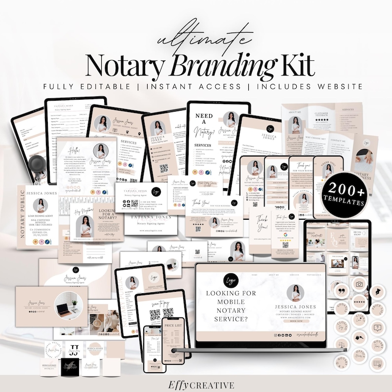 May include: A digital marketing kit for notary public businesses. The kit includes over 200 templates, a website, and branding elements. The image shows a variety of templates, including social media posts, business cards, and website mockups. The templates are designed in a modern, minimalist style with a pink and white color scheme.