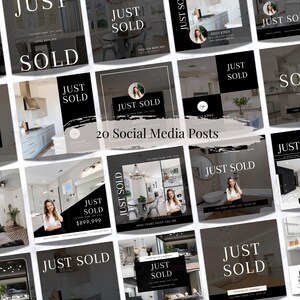 Pu&ograve; includere: Un collage di 20 post per i social media per agenti immobiliari. Ogni post presenta un design in bianco e nero con il testo "Venduto" e una foto di una casa. I post sono progettati per essere utilizzati su piattaforme di social media come Instagram e Facebook.