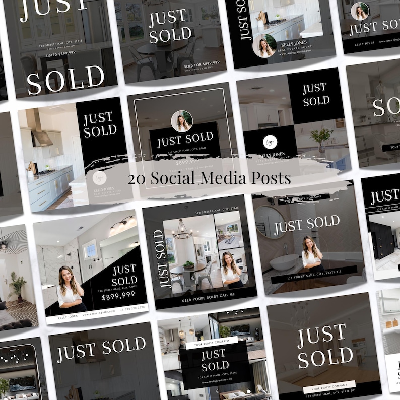 Pu&ograve; includere: Un collage di 20 post per i social media per agenti immobiliari. Ogni post presenta un design in bianco e nero con il testo "Venduto" e una foto di una casa. I post sono progettati per essere utilizzati su piattaforme di social media come Instagram e Facebook.