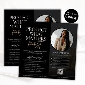 May include: Black and white business cards with the text "PROTECT WHAT MATTERS MOST" in a stylish font. The cards feature a photo of a smiling woman and contact information for a licensed life insurance agent.