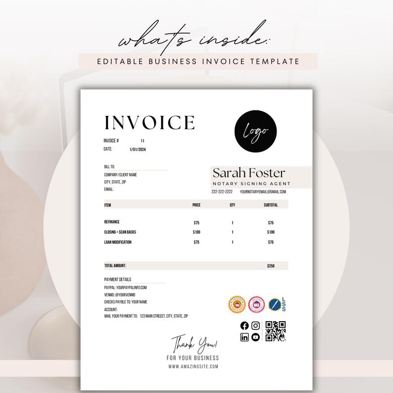 Notary Invoice Template: Canva Editable, Small Business Marketing ...