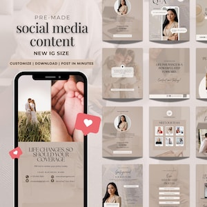 May include: A collection of pre-made social media content templates in a neutral color palette. The templates include text such as "Life Changes, So Should Your Coverage" and "Life Insurance is a Powerful Step Forward". The templates are designed for Instagram.