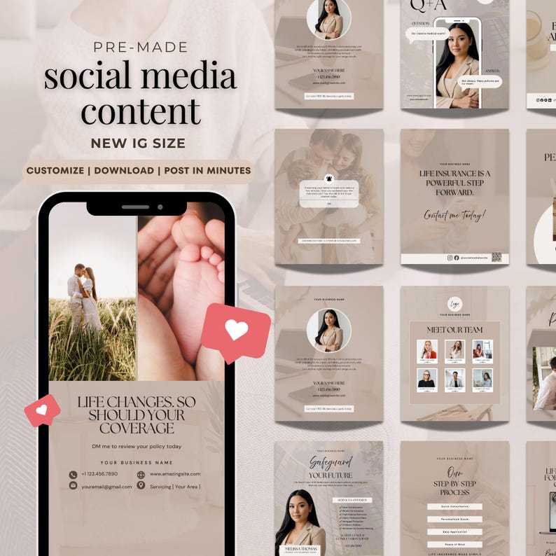 May include: A collection of pre-made social media content templates in a neutral color palette. The templates include text such as "Life Changes, So Should Your Coverage" and "Life Insurance is a Powerful Step Forward". The templates are designed for Instagram.