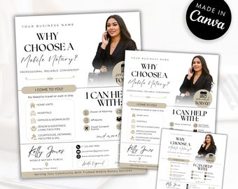 May include: A marketing flyer template for a mobile notary service featuring the text Why Choose a Mobile Notary, I Come To You, and I Can Help With. The design includes a photo of a professional, contact details, and service icons.