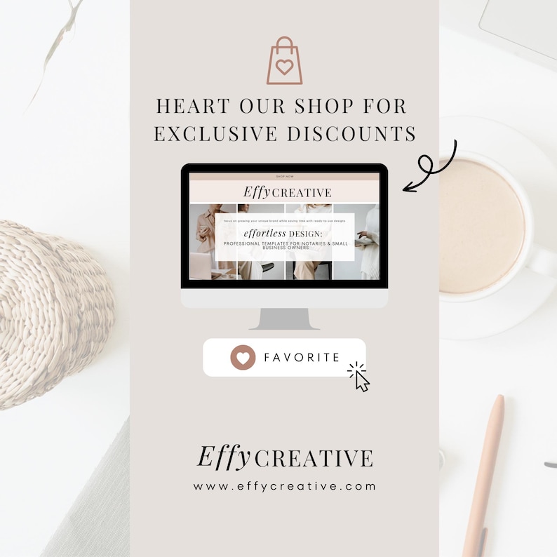 May include: A promotional image with a computer screen displaying a website with the text "EffyCreative" and "effortless DESIGN". The image also includes the text "HEART OUR SHOP FOR EXCLUSIVE DISCOUNTS" and a "FAVORITE" button.