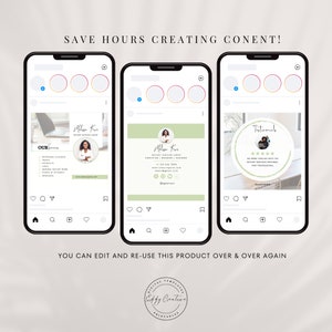 May include: Three Instagram post templates for a notary signing agent. The first post features a laptop, a headshot of the notary, and a list of services offered. The second post features a green background with the notary's name, contact information, and social media handles. The third post features a testimonial from a satisfied customer.
