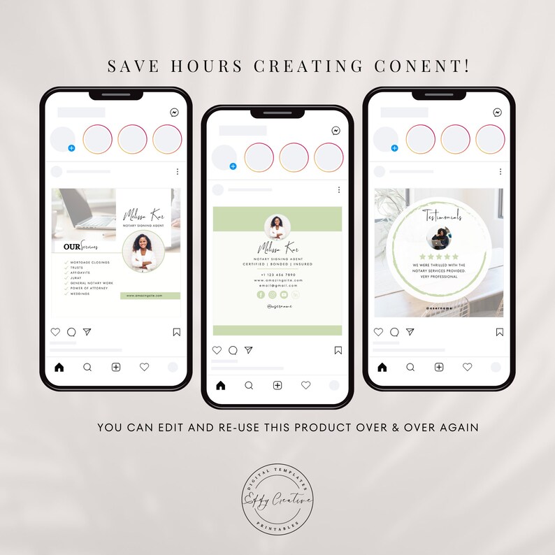 May include: Three Instagram post templates for a notary signing agent. The first post features a laptop, a headshot of the notary, and a list of services offered. The second post features a green background with the notary's name, contact information, and social media handles. The third post features a testimonial from a satisfied customer.