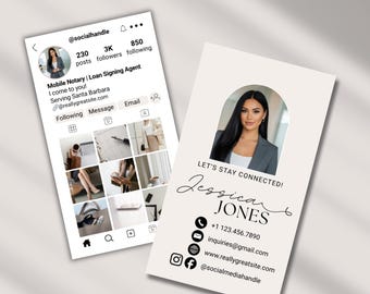 May include: Two rectangular business cards featuring a social media profile layout. One card displays a profile with the handle @socialhandle, 3K followers, and a grid of images. The other card shows a portrait, the name Jessica Jones, and contact details.