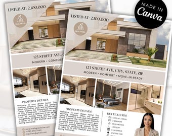 May include: A real estate flyer template featuring a modern house exterior, interior kitchen, bedroom, and bathroom photos. It includes text fields for property details, key features, a price of 2,100,000, and a placeholder for an agent photo.