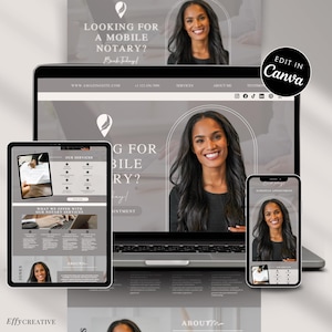 May include: A digital website template for a mobile notary service displayed on a laptop, tablet, and smartphone screen. The design features a neutral color palette, a portrait of a smiling person, and text including "Looking for a mobile notary?" and "Edit in Canva."