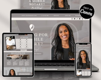 May include: A digital website template for a mobile notary service displayed on a laptop, tablet, and smartphone screen. The design features a neutral color palette, a portrait of a smiling person, and text including "Looking for a mobile notary?" and "Edit in Canva."