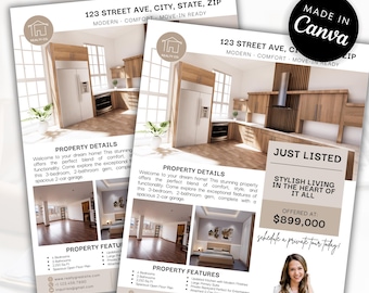 May include: Two real estate flyers with interior design images. The flyers include property details, features, and contact information. One flyer is labeled "Just Listed" with a price of $899,000. The flyers are designed with a modern aesthetic.