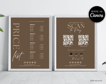 Pacote com Lista de Preços e Placa de Pagamento por QR Code | Modelo Editável do Canva | Placa de Pagamento por QR Code | Placa de Formas de Pagamento Aceitas | 2 Tamanhos | Download Imediato