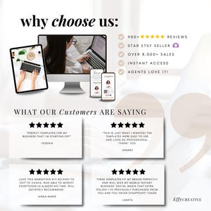 May include: A digital marketing graphic with the text "why choose us:" and customer testimonials. The image includes a computer, tablet, and two smartphones. Text highlights reviews, sales, instant access, and agent approval.