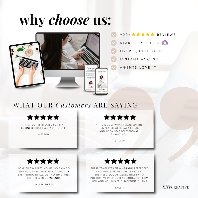 May include: A digital marketing graphic with the text "why choose us:" and customer testimonials. The image includes a computer, tablet, and two smartphones. Text highlights reviews, sales, instant access, and agent approval.