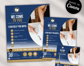 May include: A set of three blue and gold mobile notary marketing flyers featuring the text Mobile Notary We Come To You, a list of services including Power of Attorney and Affidavits, a phone number, a QR code, and a Made in Canva circular badge.