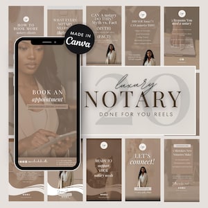 May include: A digital marketing graphic for a notary service. The design features a smartphone displaying "Book an appointment" and other promotional materials. The color palette is neutral with brown and white tones.
