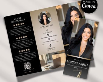 May include: A professional business card and brochure set with a gold and black color scheme. The brochure features client testimonials and contact information. The business card reads "Lorena Smith, Your Local Notary Signing Agent."