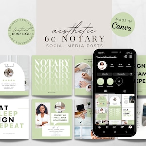 May include: A set of 60 social media post templates for a notary business. The templates feature a green and white color scheme with text that says "Notary" and "Eat, Sleep, Sign, Repeat".