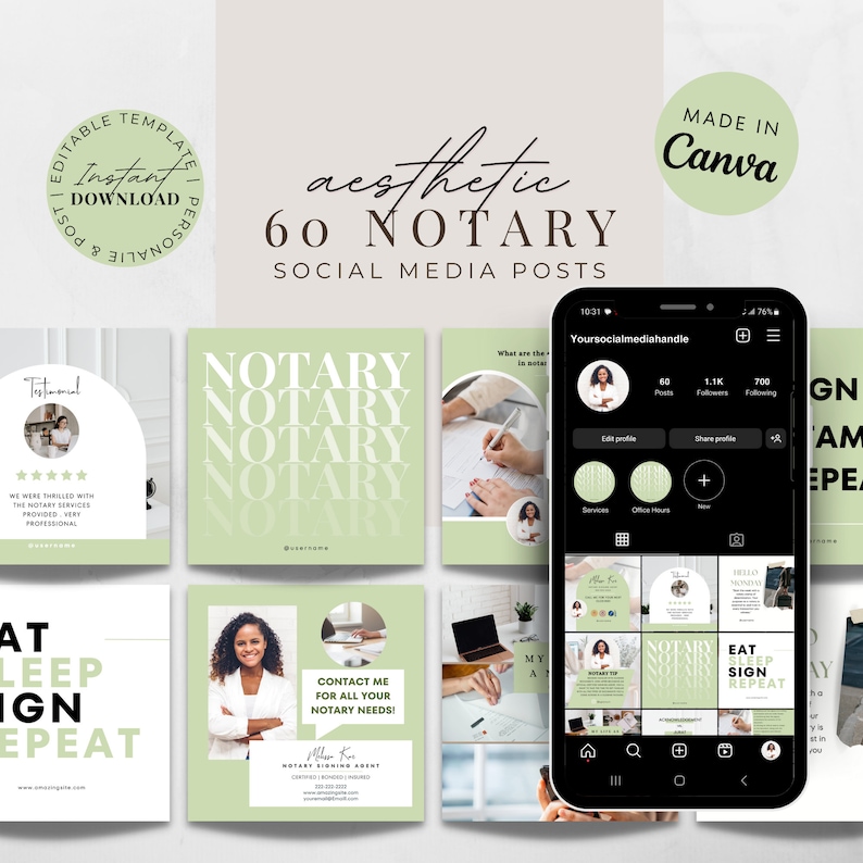 May include: A set of 60 social media post templates for a notary business. The templates feature a green and white color scheme with text that says "Notary" and "Eat, Sleep, Sign, Repeat".
