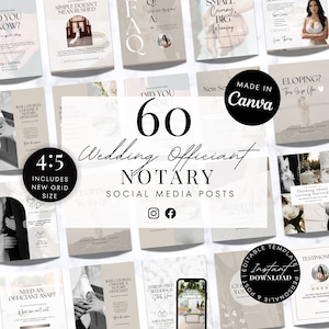 May include: A collection of 60 social media posts for wedding officiants and notaries. The design features a neutral color palette with text overlays, including "Wedding Officiant NOTARY" and "Instant Download". The posts are designed in Canva.