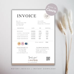 Può includere: Un modello di fattura stampabile in bianco e nero con sfondo marrone. La fattura include una sezione per le informazioni di fatturazione, una descrizione dei servizi, le tariffe e i sottototali. La fattura include anche una sezione per i metodi di pagamento e le informazioni di contatto. Il testo "Made in Canva" è nell'angolo in alto a destra della fattura.